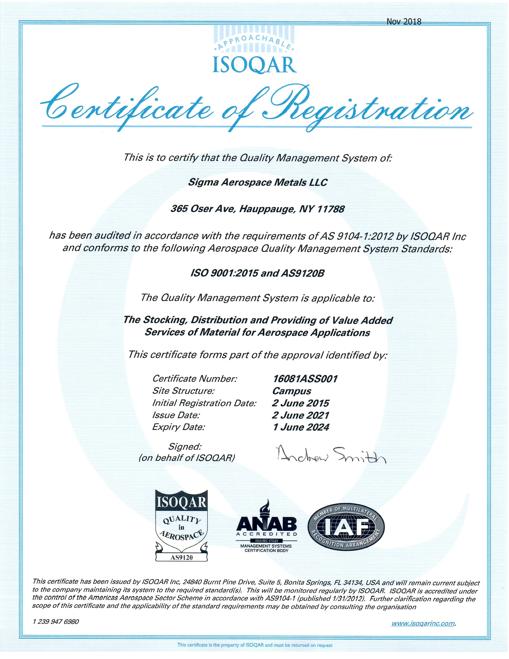 Sigma Aerospace Metals AS9120B ISO 9001:2015 Certificate